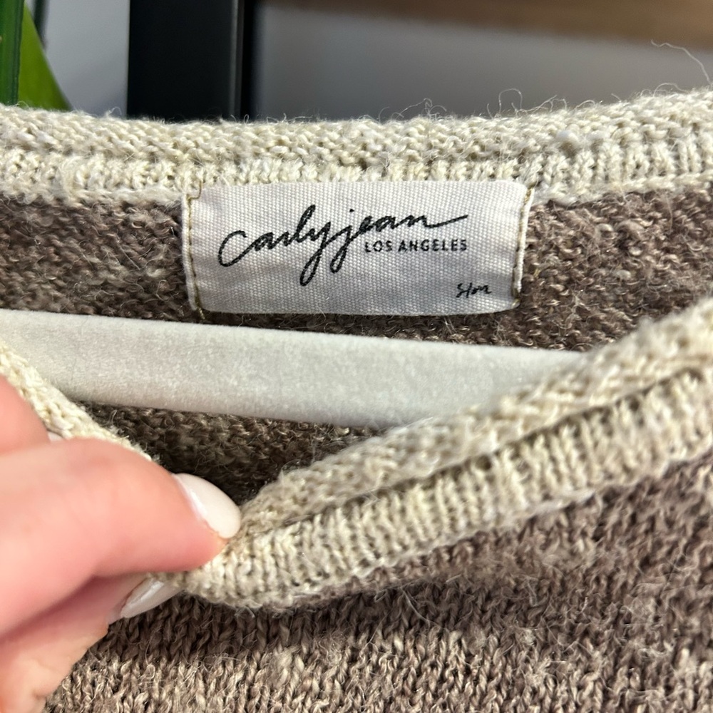 Carly Jean Los Angeles Cream Trim Taupe Knit Crewneck Sweater